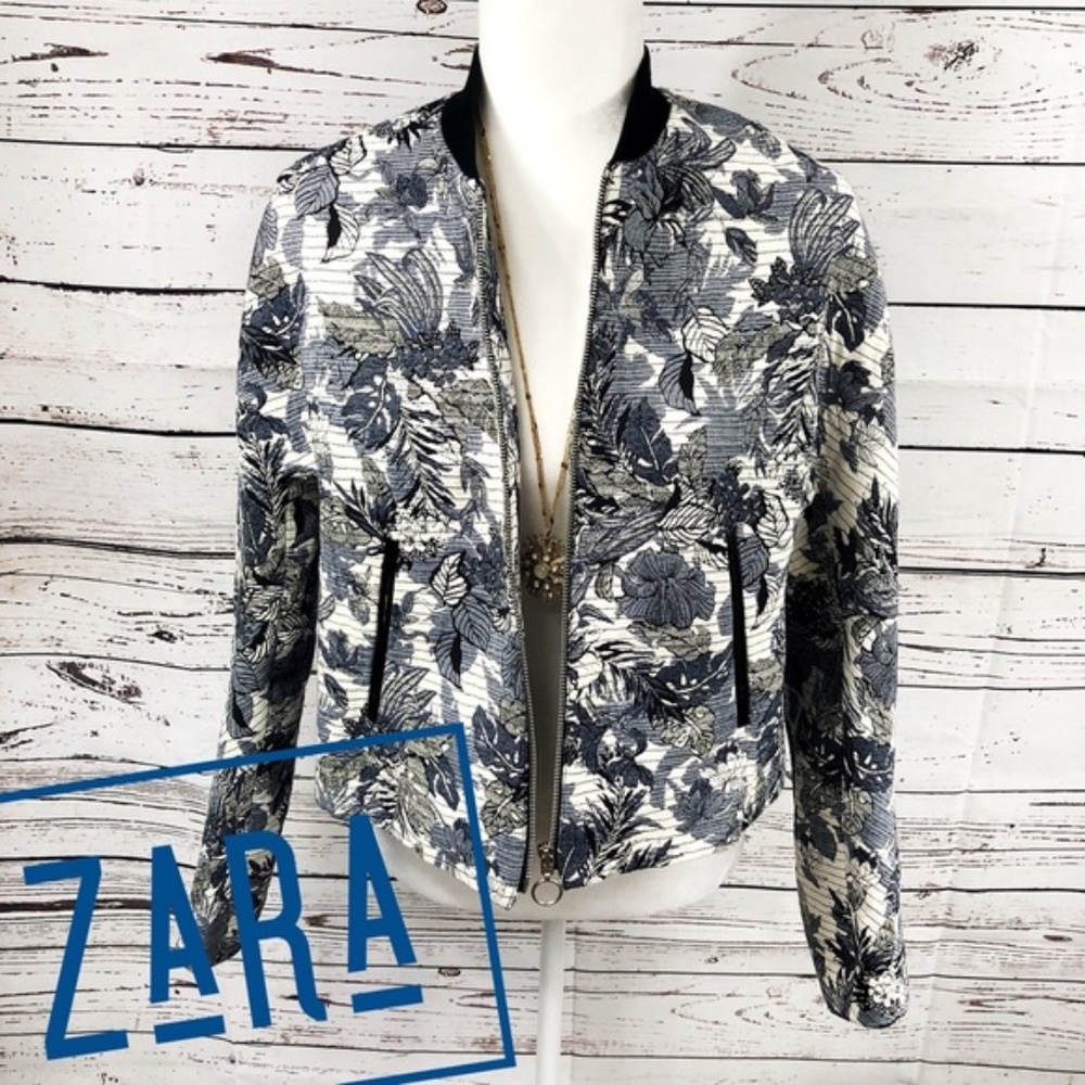 Zara Black & Navy Floral Bomber Jacket